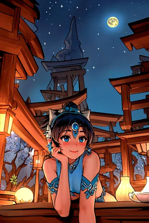 masterpiece, ultra-detailed, best quality, illustration, 8k cg wallpaper, an extremely delicate and beautiful, 1girl, Princess Jasmine /(Aladdin/), solo, perfect anatomy, smiling, blushing, dark skin, perfect arms, perfect hands, perfect fingers, perfect legs, cute, pretty, beautiful, sexy, perfect body, (background: Arabian city, Arabian buildings, night sky, moon, stars, intricately detailed items in background), <lora:Okami_style:0.9>