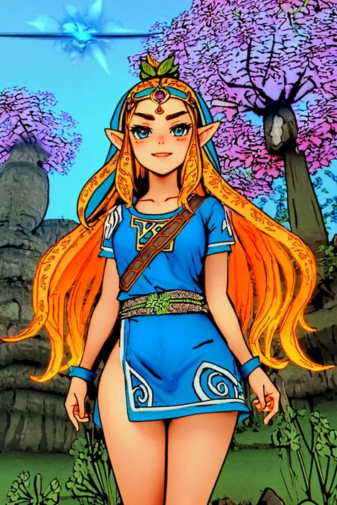 masterpiece, ultra-detailed, best quality, illustration, 8k cg wallpaper, an extremely delicate and beautiful, 1girl, Princess Zelda /(The Legend of Zelda/), solo, perfect anatomy, smiling, blushing, perfect arms, perfect hands, perfect fingers, perfect legs, cute, pretty, beautiful, sexy, perfect body, (background: flowery field, grass, trees, flowers, ruins, intricately detailed items in background), <lora:Okami_substance:1>
