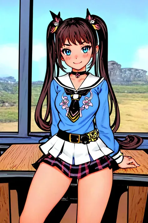 masterpiece, ultra-detailed, best quality, illustration, 8k cg wallpaper, an extremely delicate and beautiful, 1girl, solo, perfect anatomy, cute face, smiling, blushing, sparkling eyes, deep blue eyes, beautiful detailed eyes, dark brown hair, shoulder-length hair, twintails, cute hair accessories, cute earrings, cute choker, slim body, medium breasts, school uniform, perfect arms, perfect hands, perfect fingers, cute arm accessories, cute hand accessories, black belt with gold buckle, light blue plaid miniskirt, cute thigh-high stockings, perfect legs, cute, pretty, beautiful, sexy, perfect body, (background: classroom, desks, chairs, blackboard, windows, intricately detailed items in background), <lora:Okami_substance:1>