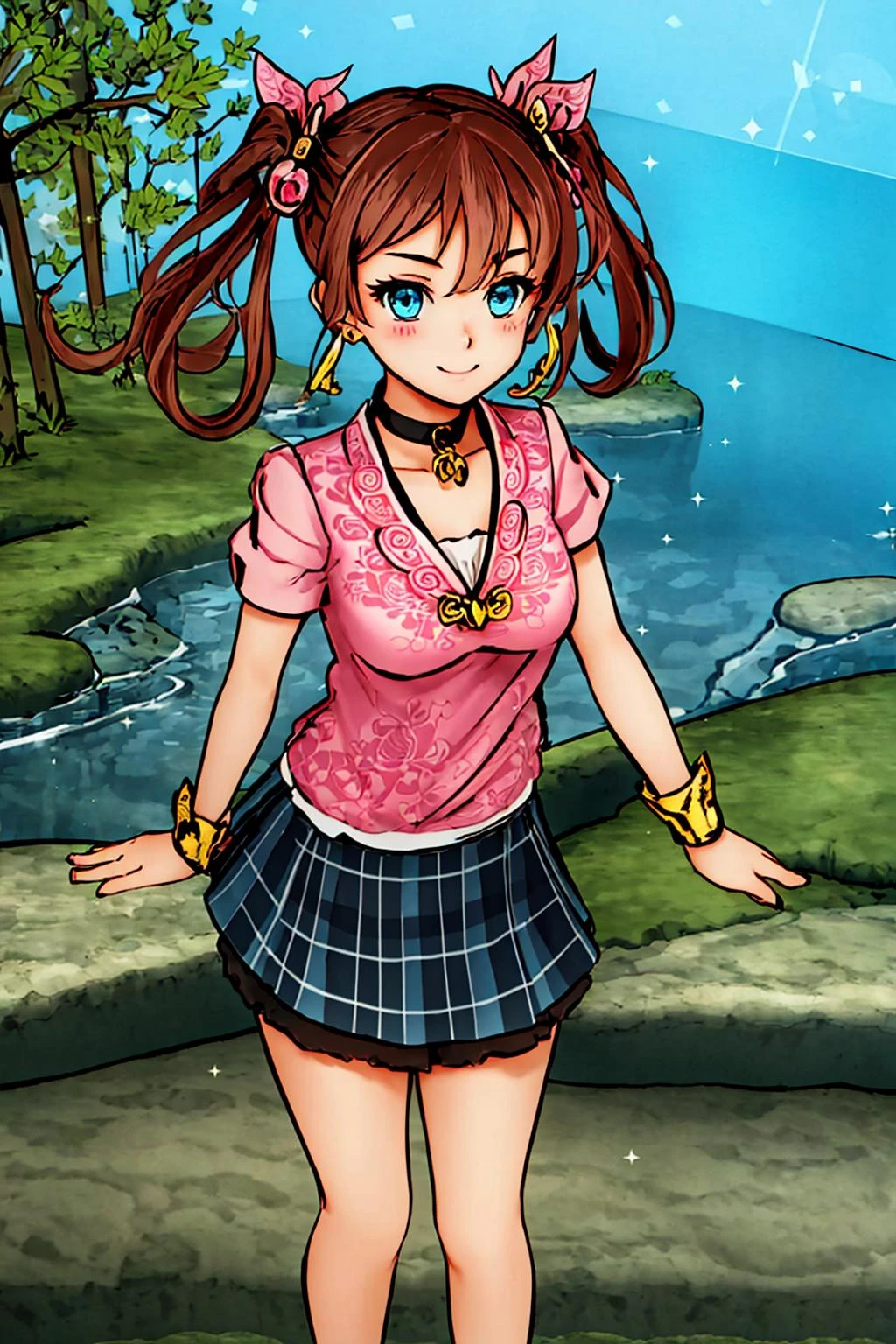 masterpiece, ultra-detailed, best quality, illustration, 8k cg wallpaper, an extremely delicate and beautiful, 1girl, solo, perfect anatomy, cute face, smiling, blushing, sparkling eyes, deep blue eyes, beautiful detailed eyes, dark brown hair, shoulder-length hair, twintails, cute hair accessories, cute earrings, cute choker, slim body, medium breasts, school uniform, perfect arms, perfect hands, perfect fingers, cute arm accessories, cute hand accessories, black belt with gold buckle, light blue plaid miniskirt, cute thigh-high stockings, perfect legs, cute, pretty, beautiful, sexy, perfect body, (background: classroom, desks, chairs, blackboard, windows, intricately detailed items in background), <lora:Okami:1>