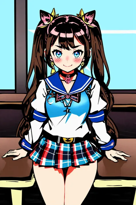 masterpiece, ultra-detailed, best quality, illustration, 8k cg wallpaper, an extremely delicate and beautiful, 1girl, solo, perfect anatomy, cute face, smiling, blushing, sparkling eyes, deep blue eyes, beautiful detailed eyes, dark brown hair, shoulder-length hair, twintails, cute hair accessories, cute earrings, cute choker, slim body, medium breasts, school uniform, perfect arms, perfect hands, perfect fingers, cute arm accessories, cute hand accessories, black belt with gold buckle, light blue plaid miniskirt, cute thigh-high stockings, perfect legs, cute, pretty, beautiful, sexy, perfect body, (background: classroom, desks, chairs, blackboard, windows, intricately detailed items in background), <lora:Okami_substance:1>