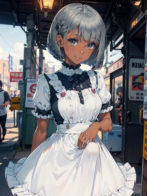 (masterpiece:1.2), (best quality:1.2), (extremely detailed:1.2), (photorealistic:1.1), (extremely detailed face), (ultra detailed), otoko no ko, cute, soro, smile, maid costume, dark skin, (silver hair, bob cut hair:1.2), skirt, cloth bulge, <lora:cloth-bulge:1>