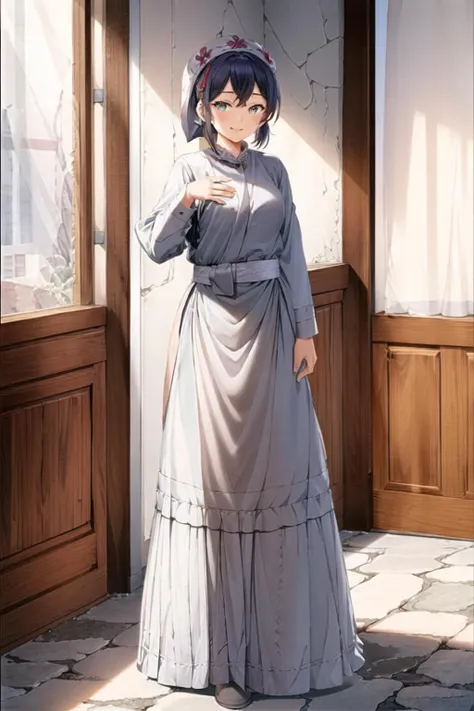 (masterpiece,best quality:1.2),1girl,solo,miaozu,standing,facing viewer,smiling,headwear,own hands together,v arms,full body,adult,mature woman,(indoors,in stone cottage:1.2), <lora:minzufengge:0.65>, <lora:k4r3nh41r-v2:1>,k4r3nh41r