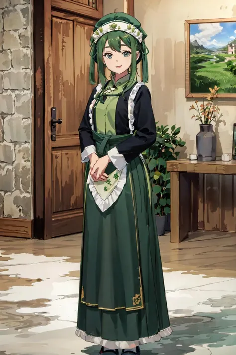 (masterpiece,best quality:1.2),1girl,solo,green hair,(shuizu),standing,facing viewer,headwear,smiling,(own hands together),v arms,full body,small breasts,(indoors,in stone cottage:1.2),happy,:d, <lora:minzufengge:0.65>,