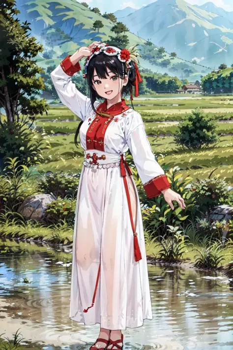 (masterpiece,best quality:1.2),1girl,solo,wazu,facing viewer,in rice farm,mountains,full body,small breasts,adult,mature woman,happy,:d, <lora:minzufengge:0.65>,