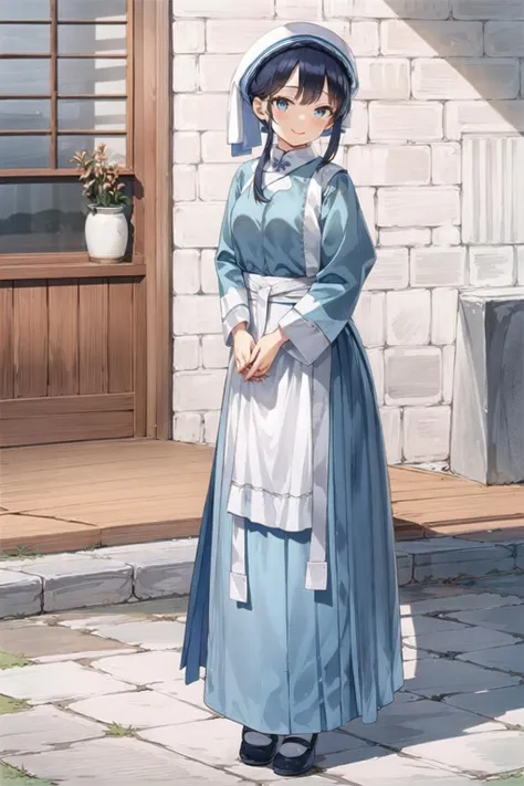 (masterpiece,best quality:1.2),1girl,solo,miaozu,standing,facing viewer,headwear,smiling,own hands together,v arms,full body,adult,mature woman,(indoors,in stone cottage:1.2), <lora:minzufengge:0.65>,