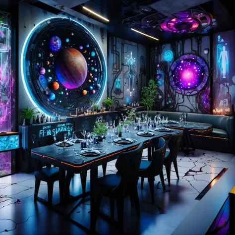 masterpiece, highly detailed, 8k, uhd, sci-fi, fantasy, intricate design,cinematic,science fiction room, post-apocalyptic,dining room,  dystopian, crumbling, rusty, planets growing up walls, plants growing through cracks,UrbanGraffiti, buildings with vines,neon lights, graffiti, broken glass, eerie, liminal, realistic, mist, shadows, neon glow, darkness, <lora:Neon_Environments:1>,<lora:PAseer-SDXL-ScienceRoomV1:1><lora:UrbanGraffiti:0.6>