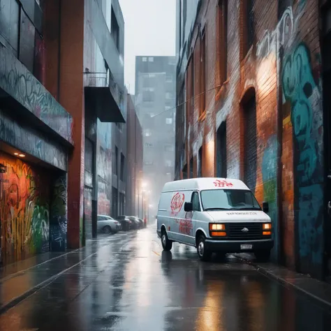 photo of a rainy street with a delivery van parked in front of a building, <lora:UrbanGraffiti:1>, UrbanGraffiti, cinematic light, (masterpiece:1.3), (intricate:1), best quality