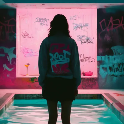 photo of a vaporwave scene at the pool, graffiti writing, <lora:UrbanGraffiti:1.3>, UrbanGraffiti, cinematic light, (masterpiece:1.3), (intricate:1), best quality,