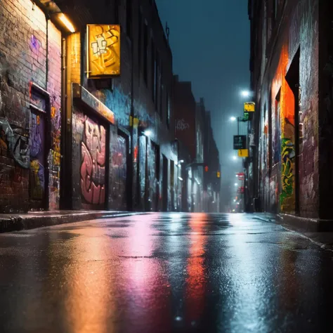 photo of a rainy street, <lora:UrbanGraffiti:1>, UrbanGraffiti, cinematic light, (masterpiece:1.3), (intricate:1), best quality