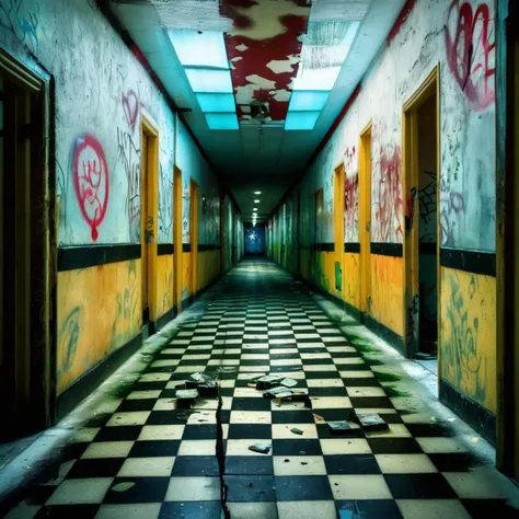 a school corridor with bright colors, and some corpses of zombies, on a wall there is a board that writes "GNOME 47", anime style like studio ghibli