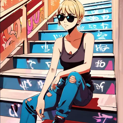 drawing of a beautiful anime girl with short blonde pixie hair and wearing sunglasses sitting on a staircase, smirk, <lora:UrbanGraffiti:1>, UrbanGraffiti , cinematic light, (masterpiece:1.3), (intricate:1), best quality