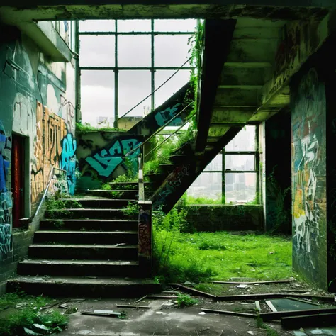 photo of an abandoned overgrown building with staircase, <lora:UrbanGraffiti:1>, UrbanGraffiti