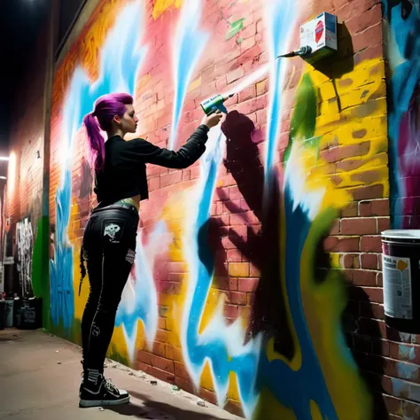 photo of a punk girl with a spraycan painting a mural on a brick wall, <lora:UrbanGraffiti:1>, UrbanGraffiti, cinematic light, (masterpiece:1.3), (intricate:1), best quality