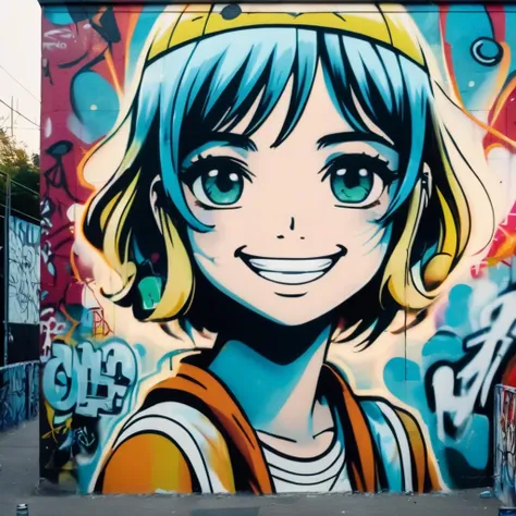 front view photo of a graffiti art wall with a drawing of a zoomed out cute anime cartoon girl on it with a smug smile, <lora:UrbanGraffiti:1>, UrbanGraffiti, cinematic light, (masterpiece:1.3), (intricate:1), best quality