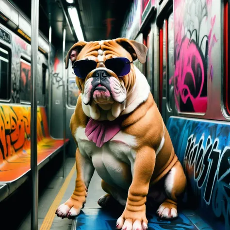 photo close up of a bulldog wearing sunglasses sitting in subway train, graffiti on windows, <lora:UrbanGraffiti:1>, UrbanGraffiti, cinematic light, (masterpiece:1.3), (intricate:1), best quality,