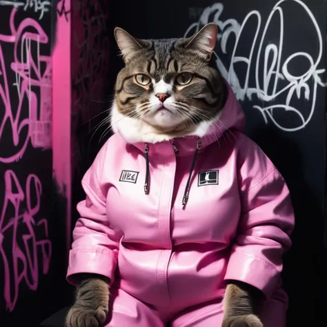 photo closeup of an annoyed overweight cat wearing a jacket sitting on a pink plastic chair in a dark room with black walls with white graffiti writing on them, <lora:UrbanGraffiti:1>, UrbanGraffiti, cinematic light, (masterpiece:1.3), (intricate:1), best quality,