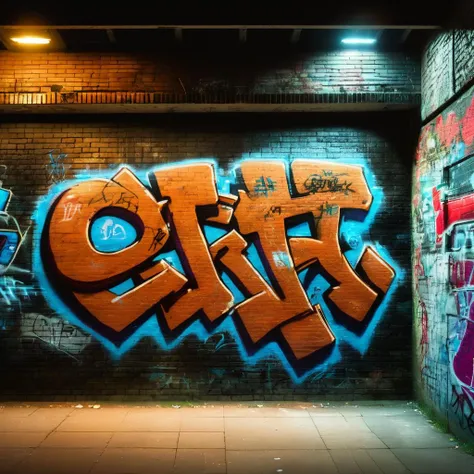 photo of a brick wall with graffiti on it at night <lora:UrbanGraffiti:1>, UrbanGraffiti, cinematic light, (masterpiece:1.3), (intricate:1), best quality, dynamic angle