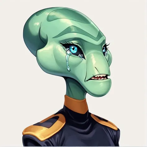 score_9, score_8_up, score_8,source_furry,
1girl,
solo,
furry female,
alien,
looking at viewer,
smile,
uniform,
black uniform,
gold trim,
green skin,
green body,
upper body,
open mouth,
bald,
standing,
teeth,
<blue eyes:1.5>,
<black sclera:1.5>,
<simple background:1.5>,
<white background:1.5>,
<lora:Grand_Councilwoman_Pony_SDXL:1> grand_councilwoman, 
<lora:90s4n1m3XLP:1> 90s4n1m3, sad,
sadness,
tears,
closed mouth,