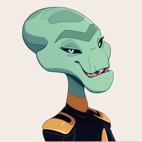 score_9, score_8_up, score_8,source_furry,
1girl,
solo,
furry female,
alien,
looking at viewer,
smile,
uniform,
black uniform,
gold trim,
green skin,
green body,
upper body,
open mouth,
bald,
standing,
teeth,
<blue eyes:1.5>,
<black sclera:1.5>,
<simple background:1.5>,
<white background:1.5>,
<lora:Grand_Councilwoman_Pony_SDXL:1> grand_councilwoman, 
<lora:90s4n1m3XLP:1> 90s4n1m3, smug,
smugness,
half closed eyes,
closed mouth,
sarcastic,