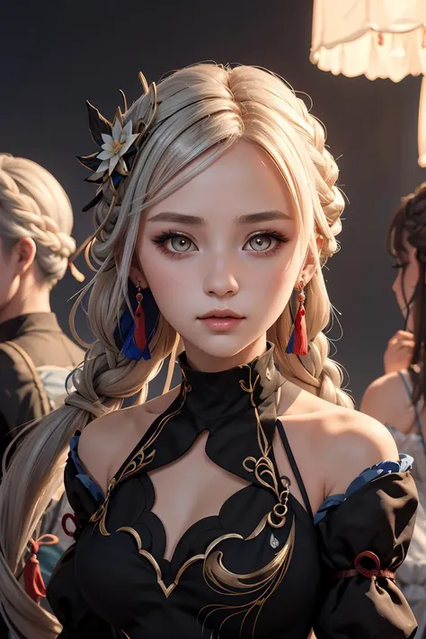 (masterpiece, best quality), 1girl, <lora:shenhefrostflowerdew-gi-richy-v1:1> shenhefd, braid, hair ornament, hair over one eye, earrings, dress, detached sleeves, tassel