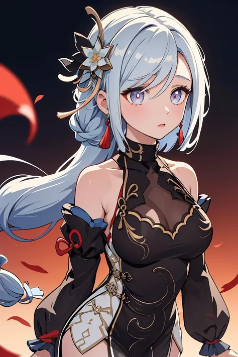 (masterpiece, best quality), 1girl, <lora:shenhefrostflowerdew-gi-richy-v1:1> shenhefd, braid, hair ornament, hair over one eye, earrings, dress, detached sleeves, tassel