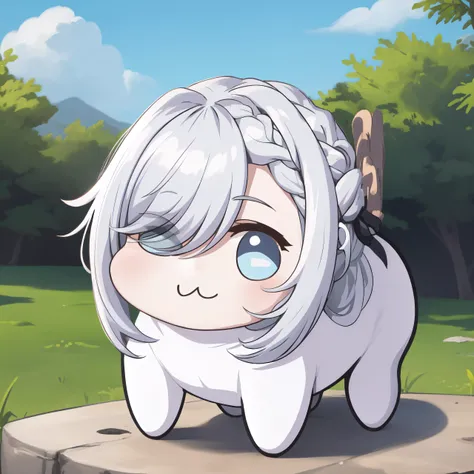 <lora:DoroX_V1:1> doro, creature, ;3, chibi, outdoors, no humans, <lora:shenhefrostflowerdew-gi-richy-v1:1> shenhefd, braid, hair ornament, hair over one eye, outdoors, nature