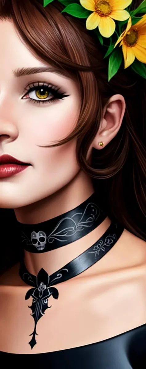 realistic oil painting, flower crown, line art, vector art, Dios de la Muerte, close-up portrait, collar bone, fancy summer dress