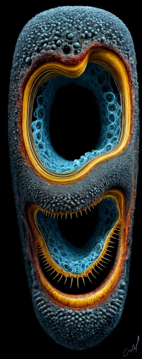 cellular structure, electron microscopy, signature style of Chris Mars, intricate, masterpiece, Trypophobia, the most excellent detail, 16k, UHD, HDR, the highest quality, morbid, uncanny, unhinged, surreal