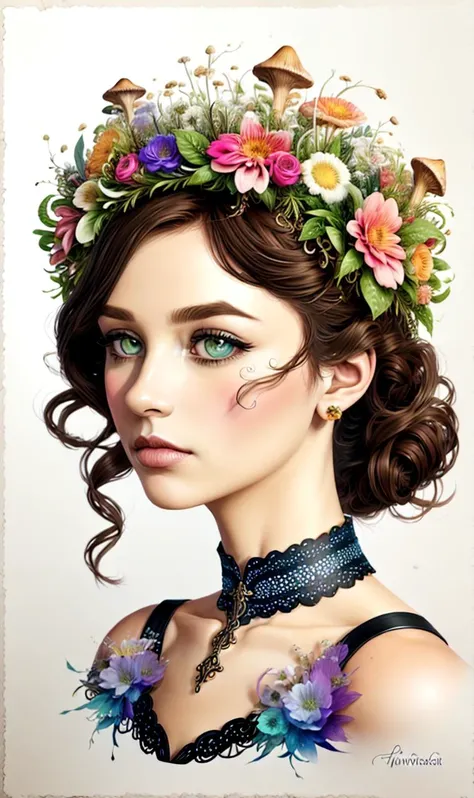 , cinsdia, fauvistic watercolor painting, flower crown, line art, vector art, Mardi Gras, close-up portrait, collar bone, fancy summer dress, masterpiece, the greatest details, 8k, UHD, HDR, incredibly intricate, <lora:Mycelium:1>