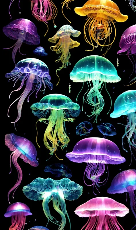 jellyfish, intricate, (Beatriz Milhazes:1.1), splotches, blobs, splashes, masterpiece, 16k, UHD, HDR, the most incredible details, holographic, bubbles, flowing, weave, floating