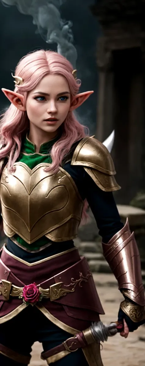 (Elf Ranger:1.2), temple ruin, Rose gold brilliant Maroon armor, Pink flip hairstyle, fighting posture, photoshoot style, intricate, studio lighting, masterpiece, highly detailed, 8k, best quality, fire, smoke, dramatic, eery, diabolic, ornamented