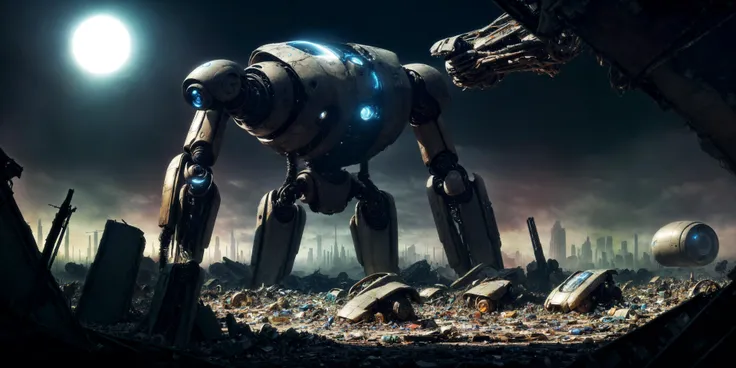 (viewed from eye level:1.5), award winning landscape concept photo (a robot junkyard turned repair shop, where skilled technicians salvage and repurpose discarded robotic components to breathe new life into malfunctioning androids in the background:1.3), (<lora:to8contrast-1-5:.2> to8contrast style, night, high contrast, dark atmosphere, dim lighting, nighttime, cool soft color grading), light rain, (j0k3r), (4k resolution:1.1), (hyper-realistic:1.3), (ultra-detailed:1.3), (science fiction, scifi, futuristic:1.3) <lora:add_detail:1>