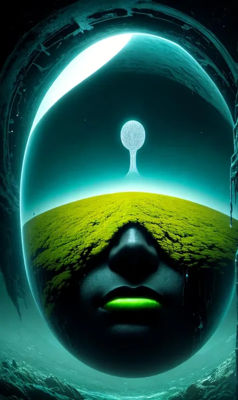, (solitary Face:1.2), nvdreampunk, (abstract surrealism:1.2), Acid Green, <lora:nvdreampunk:0.8>, high gloss, dreamlike, reflections, close-up