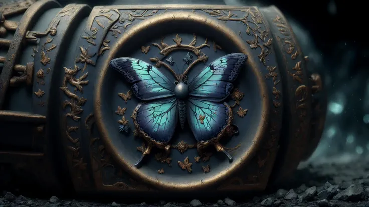 Charcoal Gray Navy blue, butterfly, masterpiece, the greatest details, 8k, UHD, HDR, grain field, close-up, Antique bronze jewelry, <lora:DemonicTech:0.7>, demonictech, scifi, occult insignia