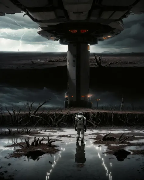 , <lora:Interstellar_Style:0.75>, cloudy sky, (solitary astronaut:1.1), giant spacecraft flying in the sky, Slate Gray Champagne Antique bronze protective gear, body-tight, desolate alien landscape, dead trees, swamp, bushes, lonely, art by Paul Youll, symmetric, eery, frightening, sad, sci-fi, dirty, stained, thunderstorm, lightning, cruiser, glowing engines, reflections, intricate, alien invasion, crater, wartorn, dust, smoke, masterpiece, the greatest details, 8k, UHD, HDR