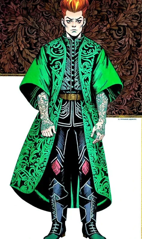 by junji ito, , full-length portrait, male Russian Ork Shaman,Emerald green Emerald Green cloth,short sleeves, star tattoo,Chocolate Pompadour, masterpiece, the greatest details, 8k, UHD, HDR, incredibly intricate, <lora:Maruti:0.75>