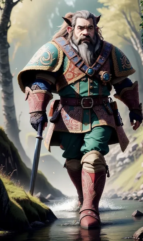 (abstractpatternstyle:1.1), , spring flowing river, (male dwarf:1.2) warrior, intricate highly detailed Chartreuse Ruby Red blue light armor, highly detailed facial features, frown, cinematic lighting, realistic full length body portrait, dominant action pose, fur cape, outdoors, sunlight, medium range low angle shot, protective gear, John Howe, pants, shirt, beard, masterpiece, the greatest details, 8k, UHD, HDR, incredibly intricate, cinematic composition, <lora:AbstractPattern:1>
