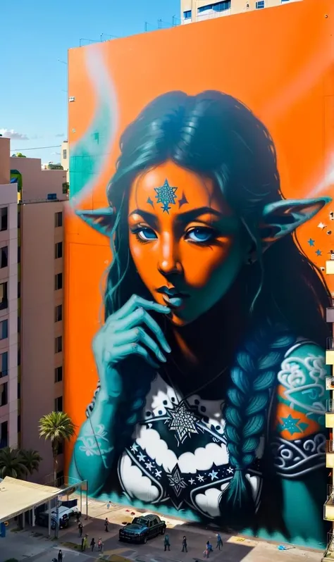 (street_art:1.2), , full-length portrait, female Arabic Elf Rigger,Champagne Cyan Blue cloth,short sleeves, star tattoo,Black fishtail braid, masterpiece, the greatest details, 8k, UHD, HDR, incredibly intricate, <lora:street_art:1>, simple flat wall painting