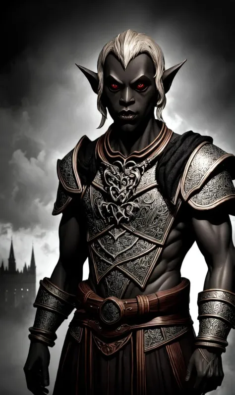 , engraving, high res, male (Drow Cleric:1.2),gothic church,Cool Gray Bronze armor,Mahogany Fade Cut,fighting posture,photoshoot style,intricate,studio lighting, masterpiece, the greatest details, 8k, UHD, HDR, incredibly intricate, <lora:SylvanorStyle:1>, very intricate