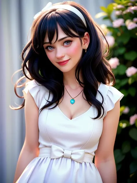 Realistic photo of a beautiful z003yd-v1 woman, 1girl, solo, long hair, smile, black hair, dress, bow, jewelry, hairband, necklace, white dress, lips, realistic, fashion, soft lighting, professional Photography, Photorealistic, detailed, RAW, analog, sharp focus, 8k, HD, high quality, masterpiece<lora:z003yd-v1:1.0>