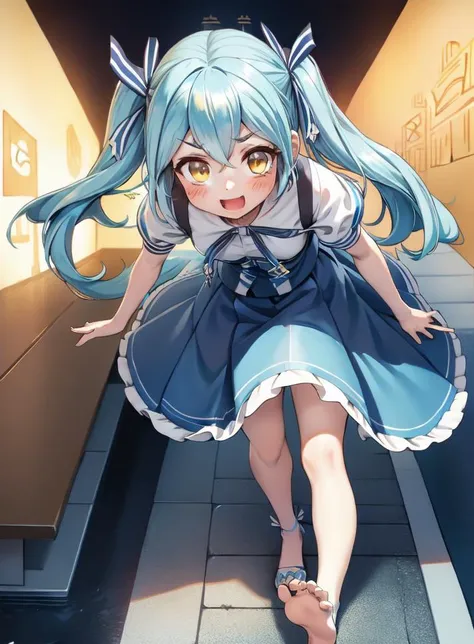 masterpiece,best quality,1girl,twintails,blue hair,yellow eyes,blush,hair ribbon,medium hair,light blue hair,orange eyes,bangs,two side up,<lora:LRL-006-000008:0.8>,(jewish temple background:1.2),(tangzhuang :1.2),(Walking with a spring in the step, as if in a sunny day :1),(:d face),