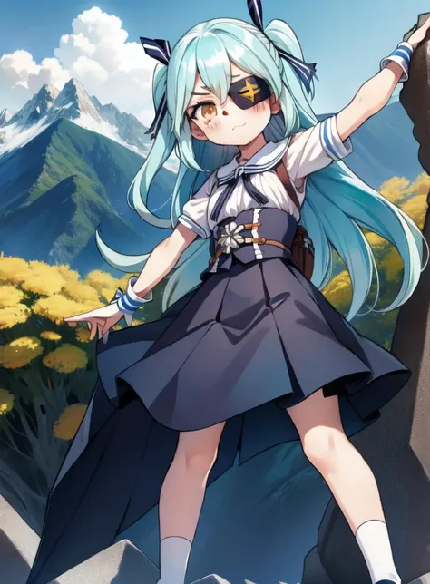 masterpiece,best quality,1girl,twintails,blue hair,yellow eyes,blush,hair ribbon,medium hair,light blue hair,orange eyes,bangs,two side up,<lora:LRL-006-000008:0.8>,(mountain background:1.2),(kaross :1.2),(Standing with arms stretched out :1),(proud face), Eyepatch