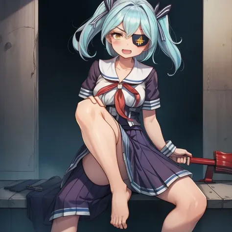 high quality, detailed face, anime, best quality, masterpiece, 4k, 8k, absurd resolution, cinematic lights, intricate detail, detailed hands, detailed eyes, animation, illustration, highly detailed, highres, extremely detailed, detailed background, perfect eyes, perfect face, <lora:neg4all_bdsqlsz_V3.5:1> , atmospheric lighting, looking at viewer, high definition, sharp focus, OverallDetail, 1girl, deep shadow, dimly lit, shade, medium breasts, posing for a picture, edgQuality, Illust-InstaFilter, Earth-QualityPos, Best_QualityPos, BodyPositive, prettify, hotify, animification, <lora:neg_bdsqlsz_V2:1>, pureerosface_v1, <lora:hyperdenoiser_v090:0.6>, <lora:hyperrefiner_v090:0.6>, <lora:LRL-006-000008:1>,1girl, twintails, blue hair, yellow eyes, blush, hair ribbon, medium hair, light blue hair, orange eyes, bangs, two side up, red axe, eyepatch, (full body shot), evil smile, open mouth, serafuku, striped legwear, (long skirt:1.3), <lora:smirkingmouth_v100:1>, <lora:smirkingeye_v100:1>, blue school uniform, Sitting on a step, gazing downward, Riding