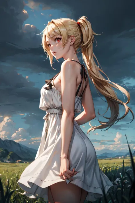 Volumetric Lighting, Best Shadows, (masterpiece, best quality:1.3),ultra-detailed,clear skin,1girl,solo,cliff,grassfield,gloomy sky,windy,white sundress,blonde long twintails,red eyes,skinny,medium breasts,from side,pov,look another side