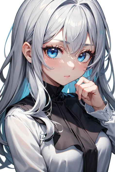 Volumetric Lighting, Best Shadows, (masterpiece, best quality:1.3),ultra-detailed,clear skin,1girl,solo,(white background:1.3), (simple background:1.3), long hair, gray hair, *//*, blue eye, *//*, white blouse, looking at viewer,