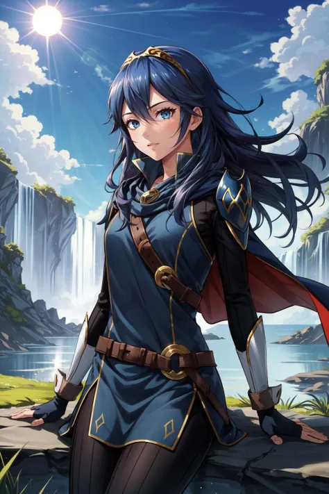 (masterpiece, best quality),  intricate details,
1girl,    <lora:lucina-03:0.8> 1girl, blue hair, blue eyes, solo, tiara, hair between eyes, fingerless gloves, armor, cape, necklace, mature female,
fantasy, grass, floating crystals, floating island, waterfall, sun, sky,