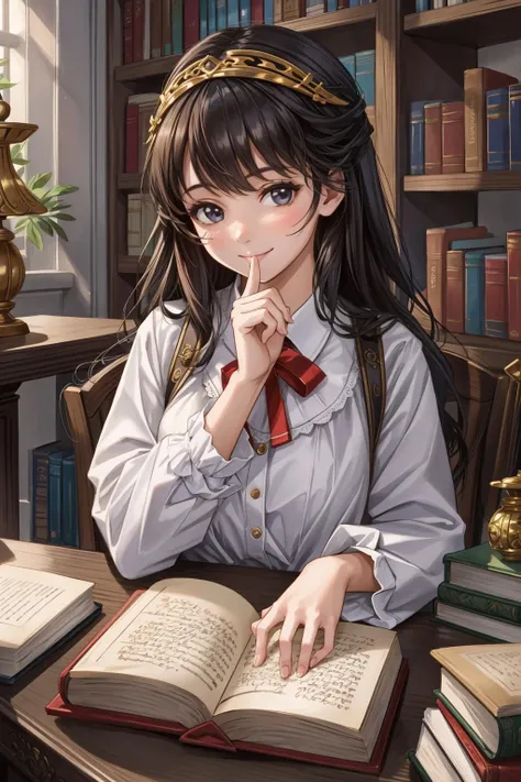 th30to1, 1girl, Absurdres, Illustration, smile, realistic, indoor, Intricate details, upper body, book, library, <lora:Theodosia Throckmorton:0.5>