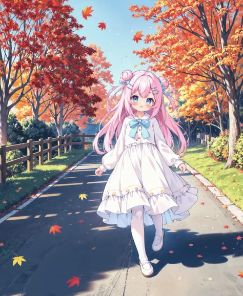 Dress,Pink hair,Blue eyes,Long dress,white socks,White pantyhose,outdoor,medium long hair,white shoes,footwear,(White dress),bun,cute girl,solo,blue sky,girl,short leg,walking,hairclip,((bowknot)),best quality,happy,long sleeves,autumn,maple leaf,landscape,