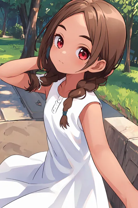 masterpiece, highres, best quality, 1girl, solo, outdoors, cowboy shot, 4s4hina, brown hair, white dress, bare shoulders, tanned skin, front angle, from the front, red eyes, <lora:asahina-04:1>